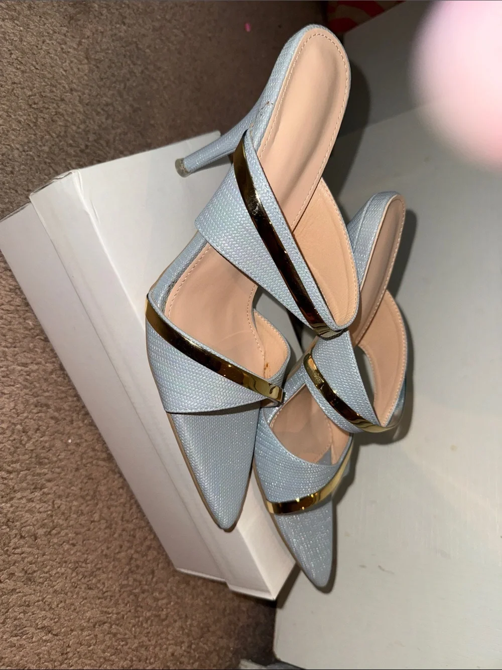 Light Blue Metallic Peep-Toe High Heels with Gold Accent - Picture 2 of 4